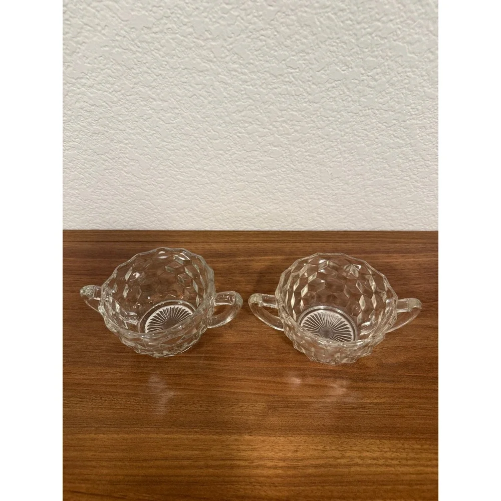 VTG Set of TWO Jeannette Depression Glass Clear Cubist Sugar Condiment 3.5